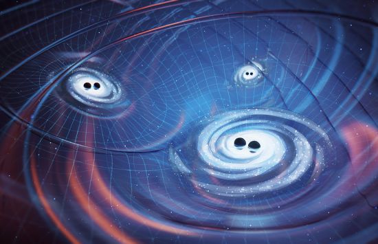 Illustration of three pairs of dark spheres surrounded by glowing accretion discs and radiating out waves in space-time.