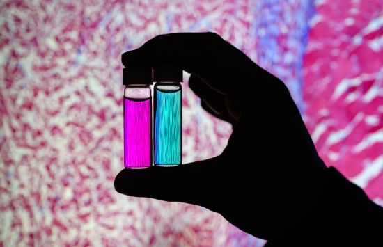 Vials of nanoparticle solution shown against a projected tissue sample scan