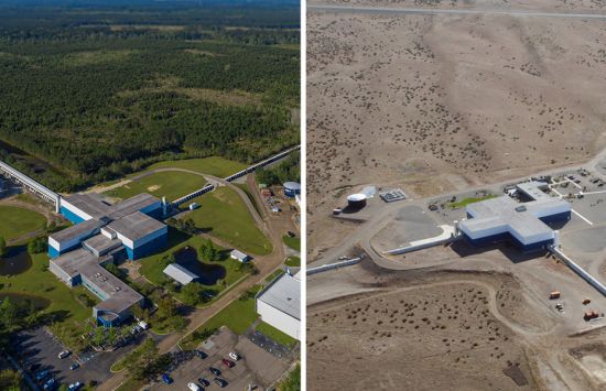 Two large facilities viewed from the air