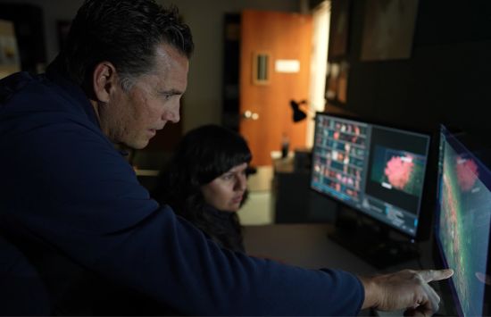 Two researchers in a dark room pointing at computer monitors.