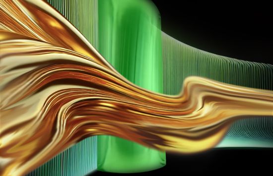 A wavy golden ribbon against a green, striated background.
