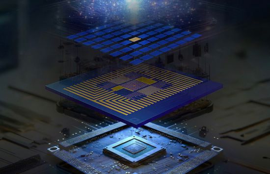Illustration depicting modular fabrication process developed by researchers to produce a quantum-system-on-chip which integrates an array of artificial atom qubits onto a semiconductor chip.