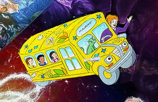 A cartoon of three kids in a colorful yellow school bus being driven by a red-haired woman who is leaning out the window of the driver's seat and waving.