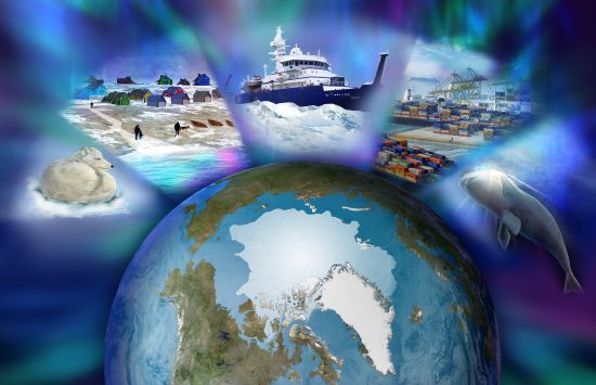 Illustration of Earth with Arctic shown. Above, illustrations of Arctic wildlife, research stations and research vessels.