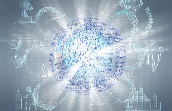 A glowing ball made up of code. Code spirals out, forming a satellite, brain, iceberg, skyline and a student at a desk.