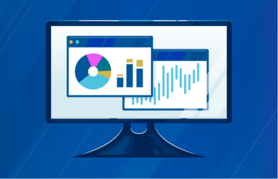 computer screen displaying pie chart, bar graph and line graph