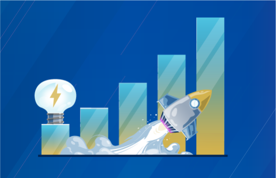 rocket launching upward in front of rising bar chart