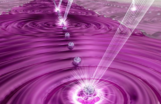 Lasers manipulate an array of over 50 atomic qubits