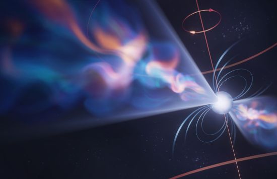 Illustration of ball of light with a cone-shaped beam emitting from either side of it.