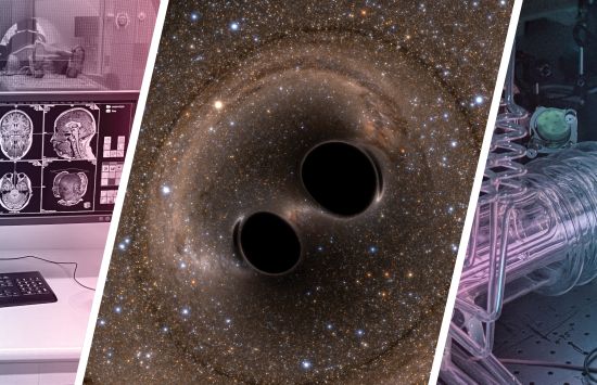 three panel image showing a scientist in a laboratory, an illustration of two black holes merging into space, and a large scientific research item