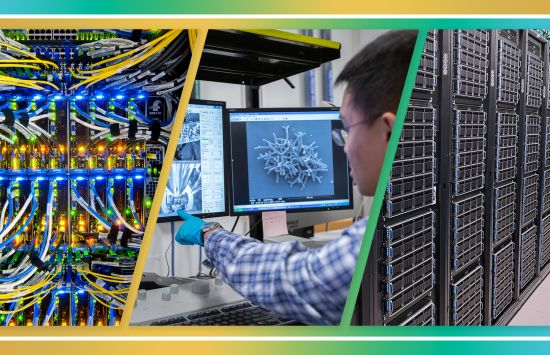 Cables connected to a glowing supercomputer, a researcher pointing at a computer monitor, and columns of supercomputer racks/cabinets.