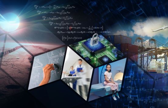 A collage of images showing a planet, equations, computer chip, doctors, a child patient next to an MRI machine, shipping containers, a freight truck and a jet.
