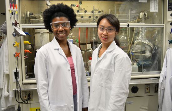 Researchers posing for a portrait in lab by a fume hood