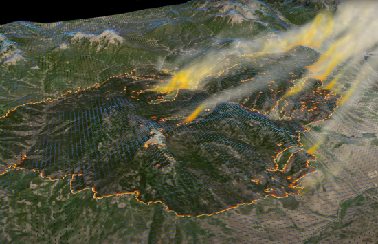 A 3D topographic map of a mountainous region covered in wildfires.