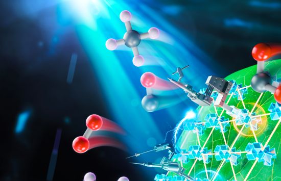 Colorful artistic illustration of artificial photosynthesis process