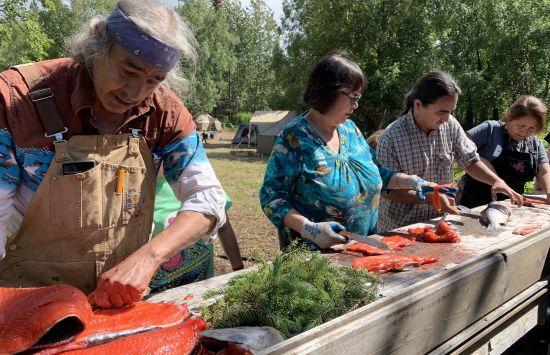 David Harrison works with others to teach salmon processing during the 2019 annual culture and fish camp, Nay'dini'aa Na'kayax, hosted by the Chickaloon Village Traditional Council.