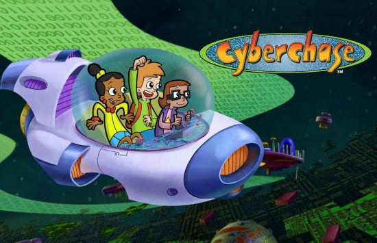 A cartoon of three kids in a spaceship with the word "Cyberchase" in the background