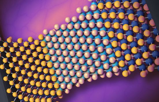 Illustration of a 2D material strategically strained to lie precariously between two different crystal phases