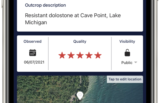 A screenshot of the Rockd app, featuring an image of an outcrop with the label "Resistant dolostone at Cave Point, Lake Michigan."