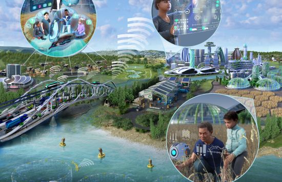 Illustration showing potential uses of human-technology interaction, including in classrooms, agriculture, and traffic control. A futuristic city in background.