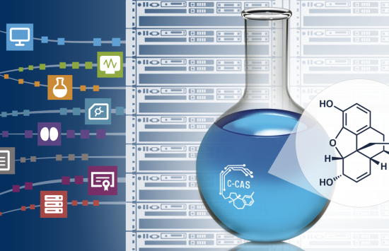 Illustration of a flask of blue liquid with chemical structures and other symbols around it.