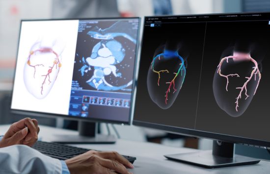 Two computer screens showing images of hearts.
