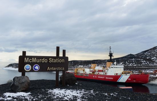 U.S. Coast Guard Cutter Polar Star moors up to the ice pier at NSF McMurdo Station, Antarctica.