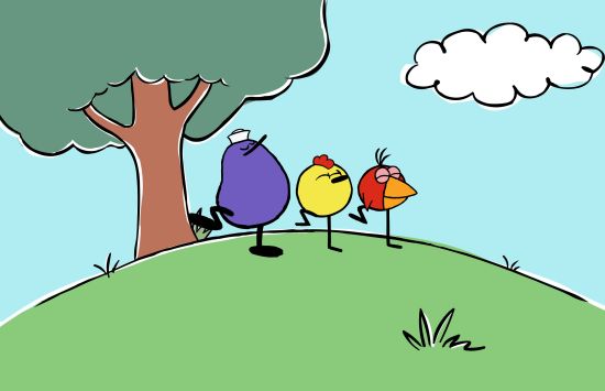 A cartoon of three birds dancing on a grassy hill with a tree and a cloud in the background.
