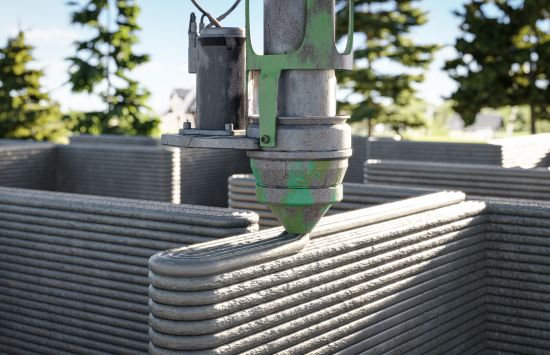 A 3D printer extruding concrete to build a home.