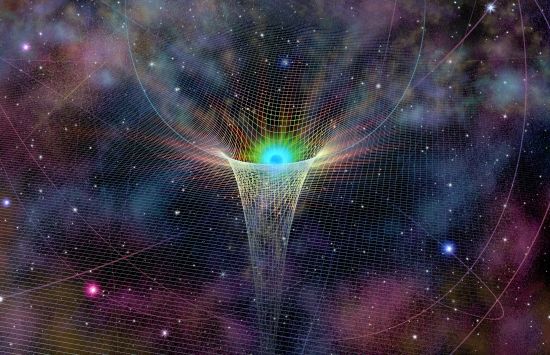 Illustration of blue and green star orbiting a black hole, with many stars in the background.