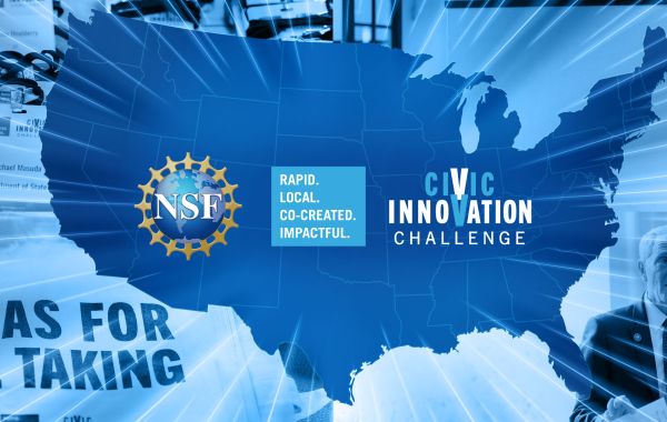 A composite image. CIVIC Forum 2024. Top Left: Name tags for CIVIC Forum 2024. Top Right: Banner for event. Bottom left: Tote bag with tagline for CIVIC Forum 2024. Bottom Right: Greg Hager, AD for CISE, speaking at CIVIC Forum 2024.