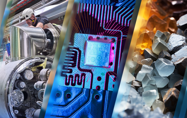 5 panels of images starting with a cell phone on the left, man in manufacturing environment, closeup of computer chip, colorful minerals, scientist in lab working with samples.