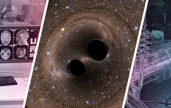 three panel image showing a scientist in a laboratory, an illustration of two black holes merging into space, and a large scientific research item