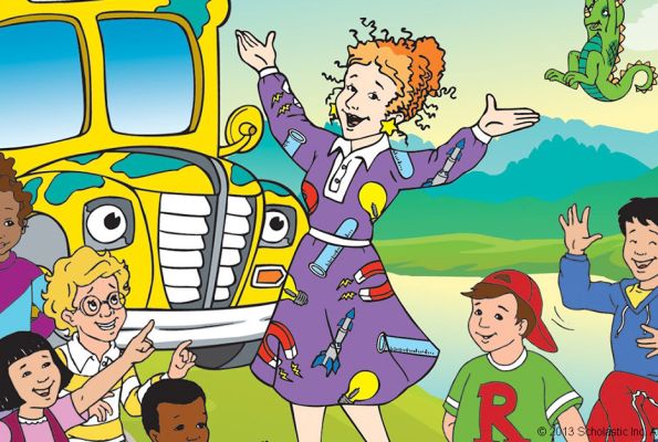 A cartoon illustration of a teacher and a group of students in front of a bus