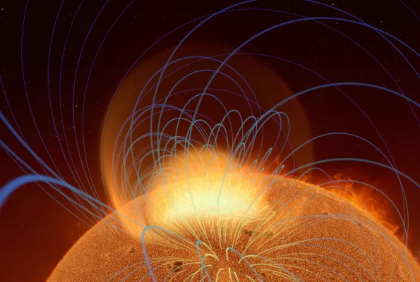 A tangle of magnetic fields rising from a sunspot region creates a coronal mass ejection in this simulation. 