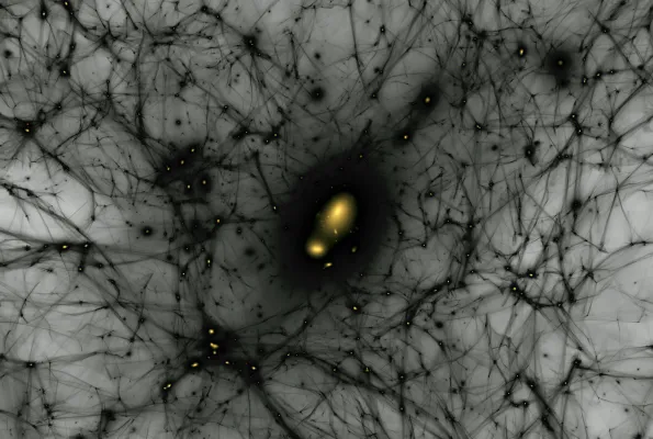a black webbing spreads across a gray background connecting in nodes of glowing yellow