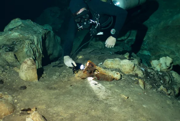 Diver in Madagascar cave with fossil