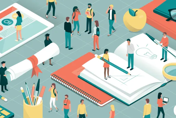 illustration of people amid large scale notebooks and pencils