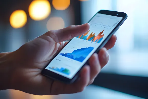 A close-up of a hand holding a smartphone displaying various data graphs and charts.