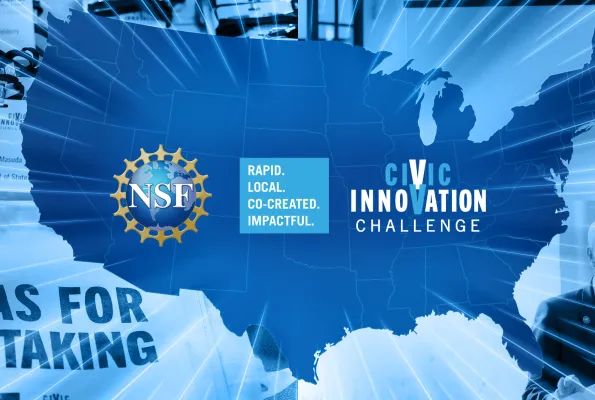 A composite image. CIVIC Forum 2024. Top Left: Name tags for CIVIC Forum 2024. Top Right: Banner for event. Bottom left: Tote bag with tagline for CIVIC Forum 2024. Bottom Right: Greg Hager, AD for CISE, speaking at CIVIC Forum 2024.