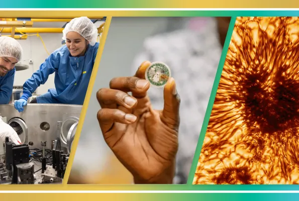 collage of imagery including two scientists, a small motherboard chip, and close up of black hole