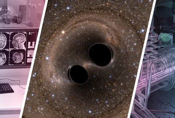 three panel image showing a scientist in a laboratory, an illustration of two black holes merging into space, and a large scientific research item