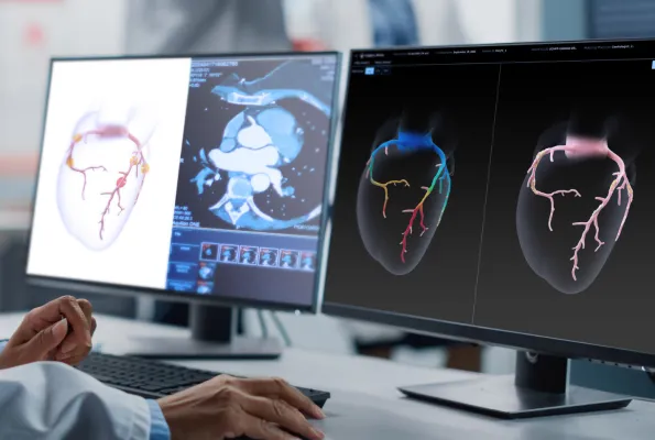 Two computer screens showing images of hearts.