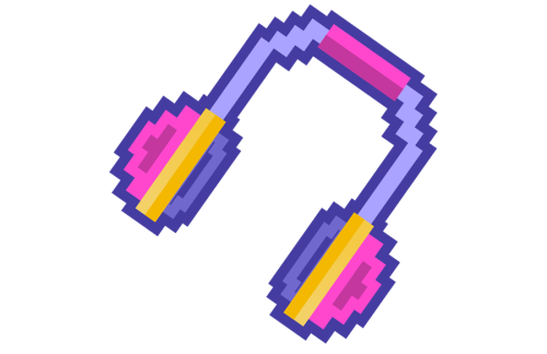 8-bit-style illustration of headphones colored with purple, yellow, and pink