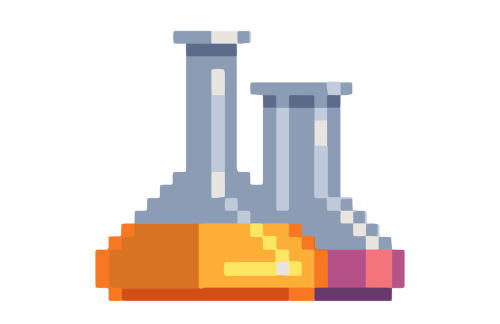 8-bit-style illustration of Erlenmeyer flasks with orange and pinkish liquid.