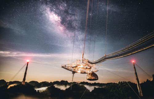 A starry sky above the Arecibo Observatory in Puerto Rico.