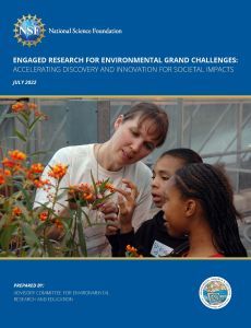 Cover of the engaged research for environmental grand challenges report. Features a professor teaching students about plants.
