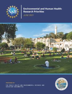 Cover of the environmental and human health research priorities report. Shows people in a park 6 feet apart during the covid-19 pandemic.