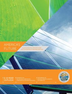 Cover of the environmental research and education for a thriving community report. Shows a large solar panel.