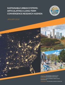 Cover of the sustainable urban systems report.  Shows city with greenery, people riding bikes in the city.